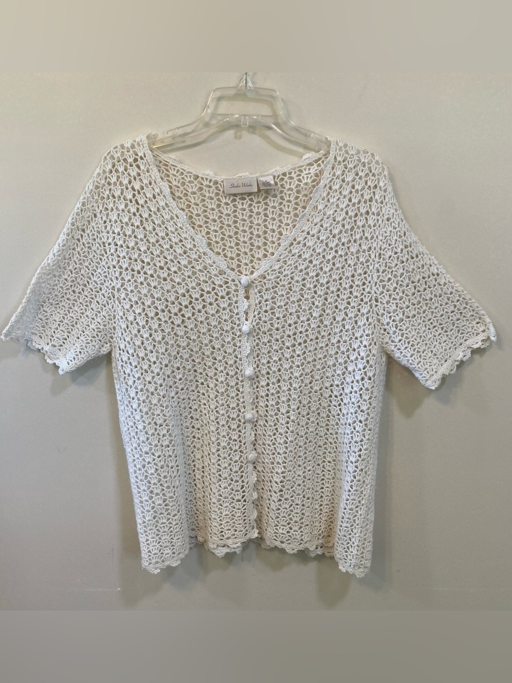Studio Works Crochet Cream Cardigan Womens Sz M Button Front Short Sleeve